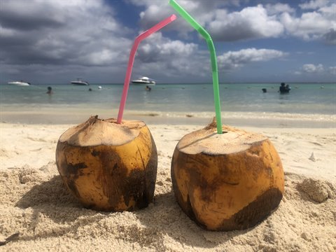 Two coconuts with colorful straws on sand, tropical beach with boats and clouds