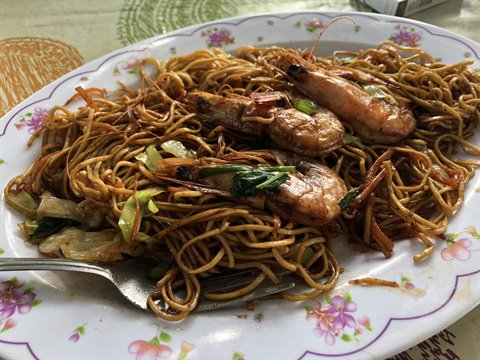 Plate of fried noodles with prawns on floral dish, natural daylight