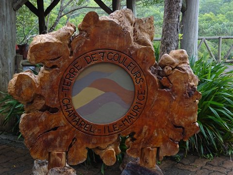 Carved wooden sign with painted colors among green plants and trees