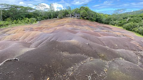Multicolored volcanic earth dunes among tropical trees, soft daylight