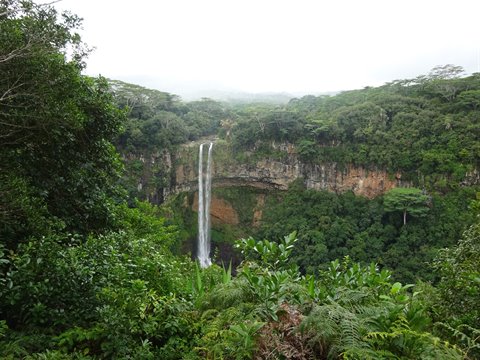 Waterfall between green cliffs and tropical vegetation, diffused light from cloudy sky