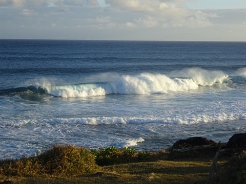Ocean waves breaking in front of a grassy coast under a cloudy sky