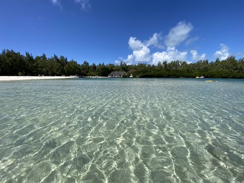 Clear rippling shallow water in front of sandy beach and green trees, blue sky with clouds