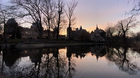 Historic buildings and bare trees reflected in a pond at winter dusk