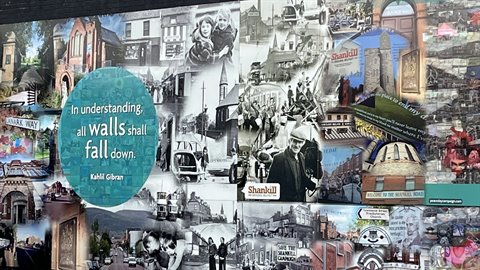 Mosaic of historical photographs on urban wall, daylight, Gibran quote