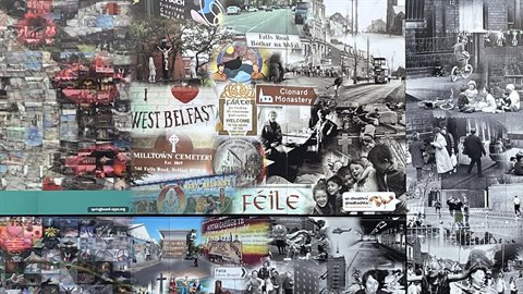 Wall of posters in Belfast with historical photos, road signs and flyers, daylight
