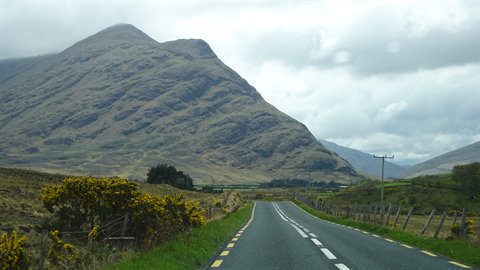 Empty asphalt road between yellow gorse and rocky mountain under cloudy sky