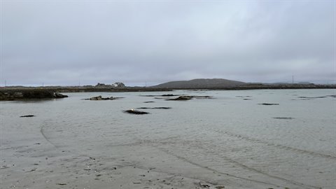 Sandy bay with grassy rocky outcrops and hills under overcast sky, soft light