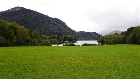 Green meadow in front of a lake surrounded by forested mountains, soft cloudy light