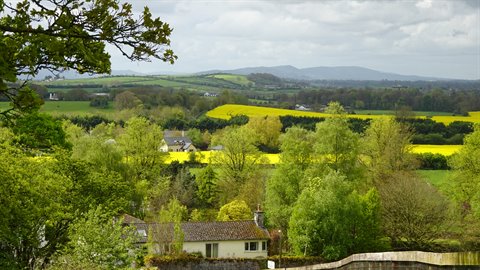 House among green trees and yellow fields, hills under cloudy sky