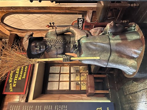 Bronze statue of a witch with broom and black cat, wooden museum, warm light