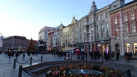 Ban Jelačić Square in Zagreb with Christmas tree and equestrian statue