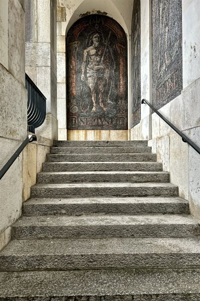 On the stone steps