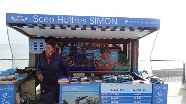 Oyster stall in Cancale, colorful crates under the awning, vendor by the seafront