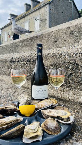 Fresh oysters with white wine and lemon on a stone wall, a seagull watching, Cancale