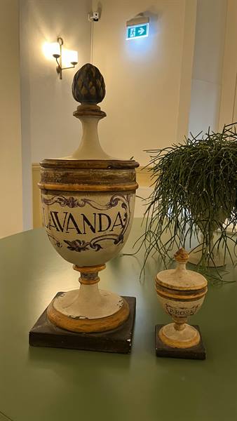 Painted ceramic jars reading Lavanda on a green table beside a plant