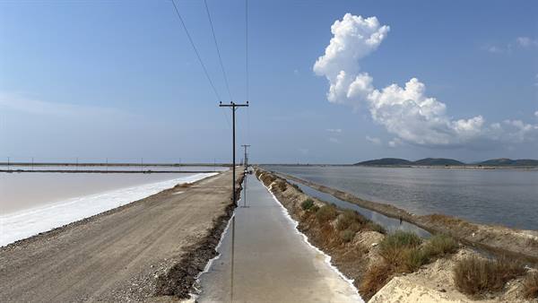 I walk among the salt flats, the sky mirrors in the salt water.