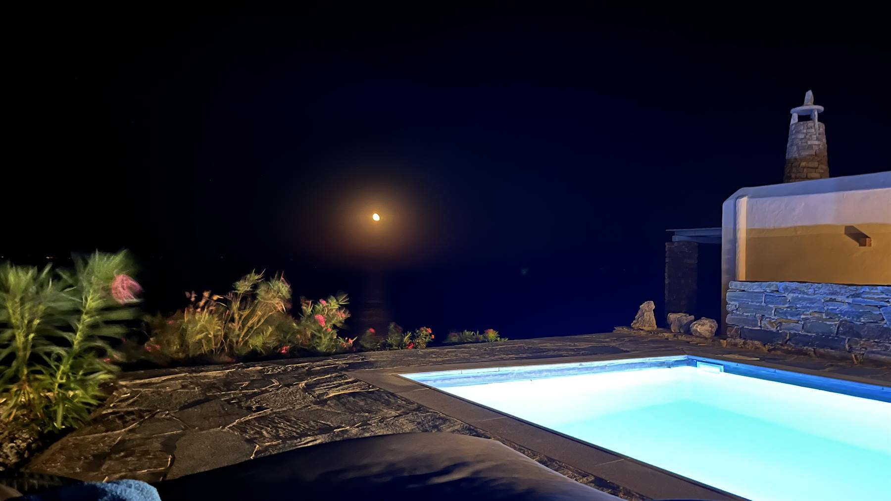 Piscina illuminata di notte sotto la luna, terrazza in pietra con fiori
