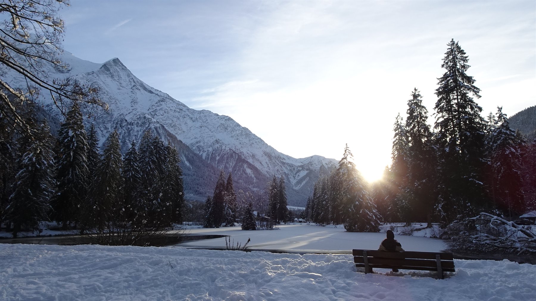 Panchina sulla neve con persona, abeti innevati e montagne al sole, Chamonix