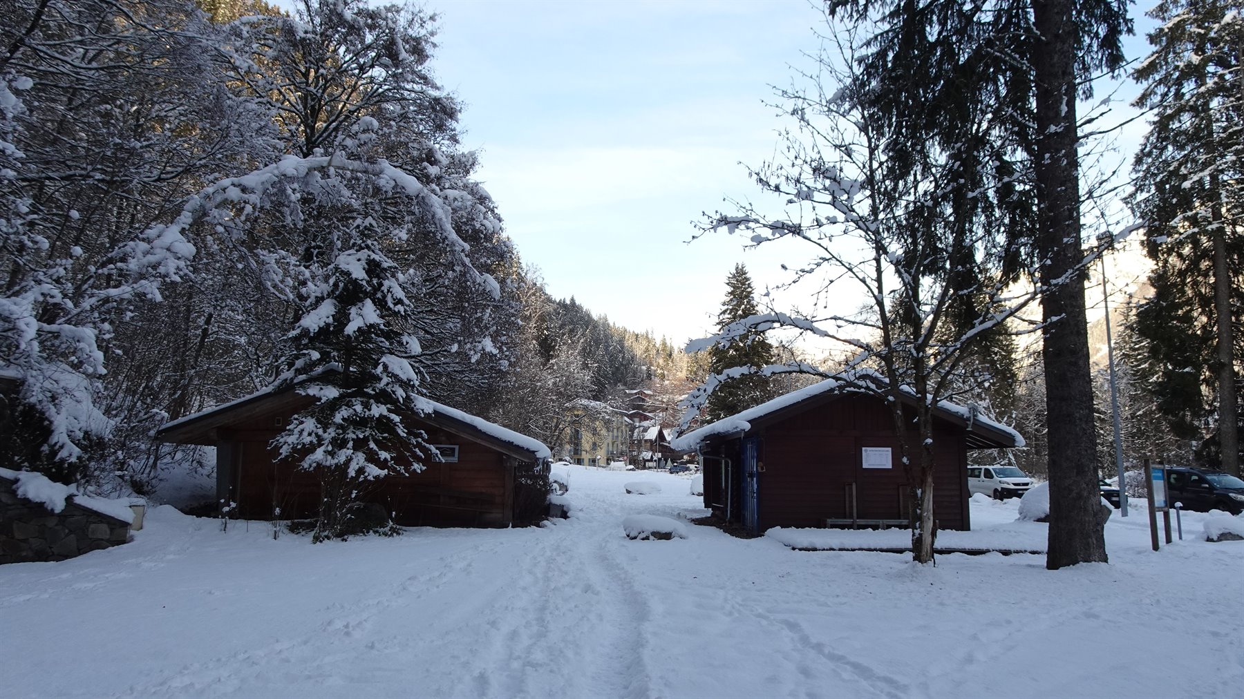 Capanne di legno innevate tra abeti, Chamonix