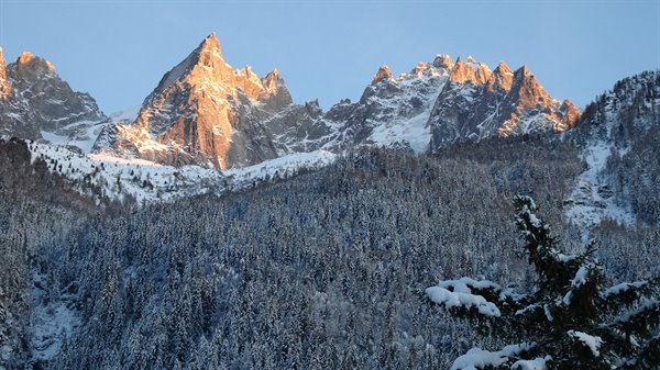 Snowy peaks glowing golden at dawn above the snowy forest of Chamonix