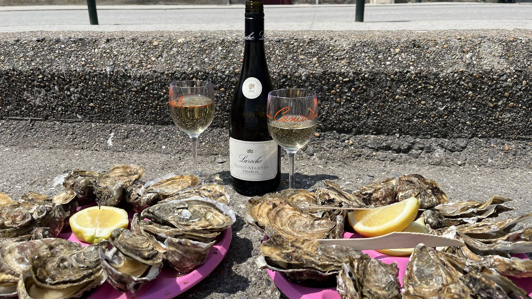Ostrici freschi e vino bianco su piatti rosa, Cancale