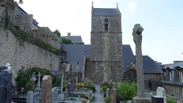 Stone crosses in the cemetery before the church at Mont Saint Michel