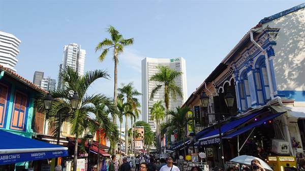 Pedestrian street with colorful shophouses, palm trees, skyscrapers behind, Singapore