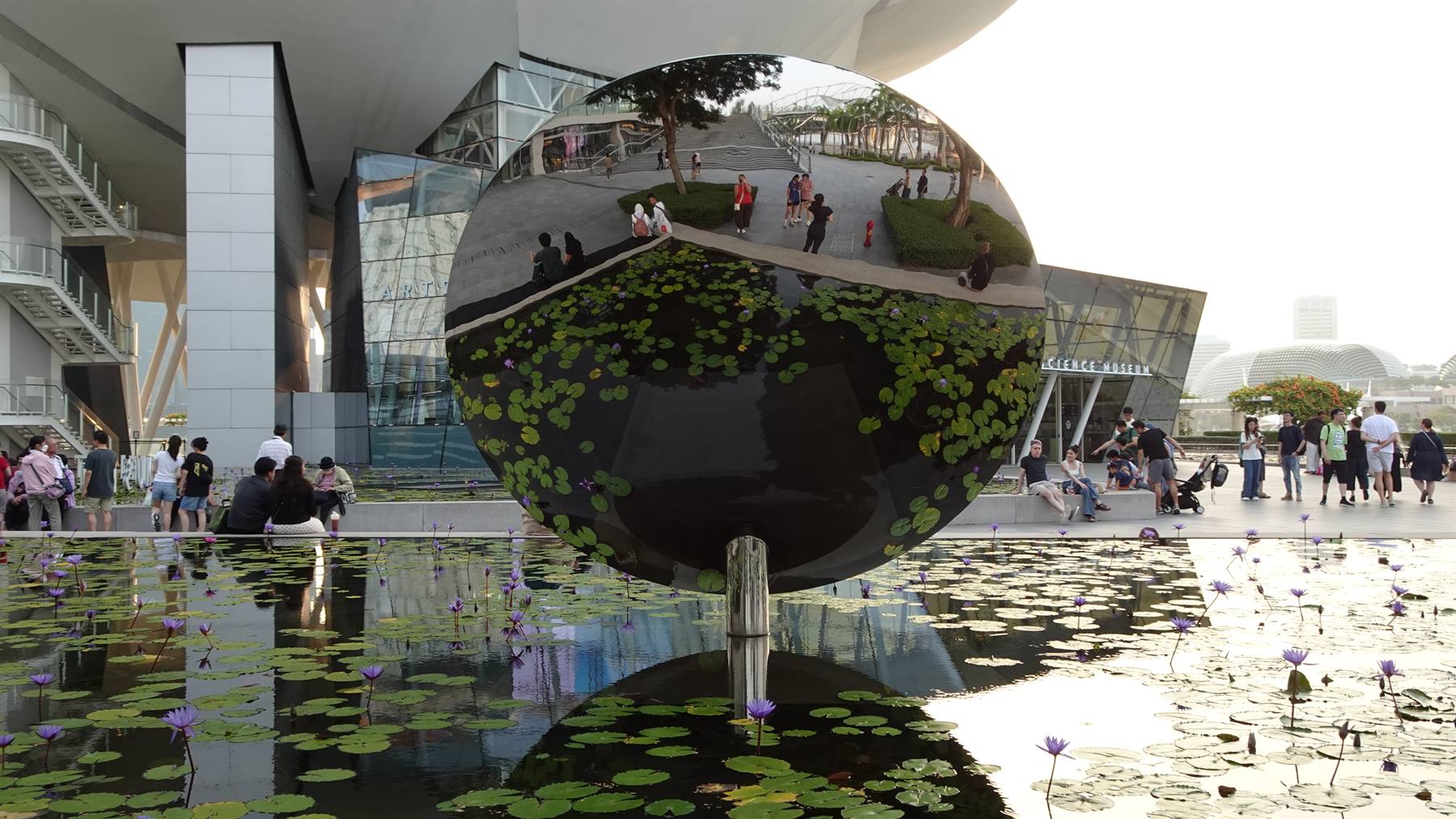 Sfera specchiata riflette il museo ArtScience e i visitatori tra le ninfee