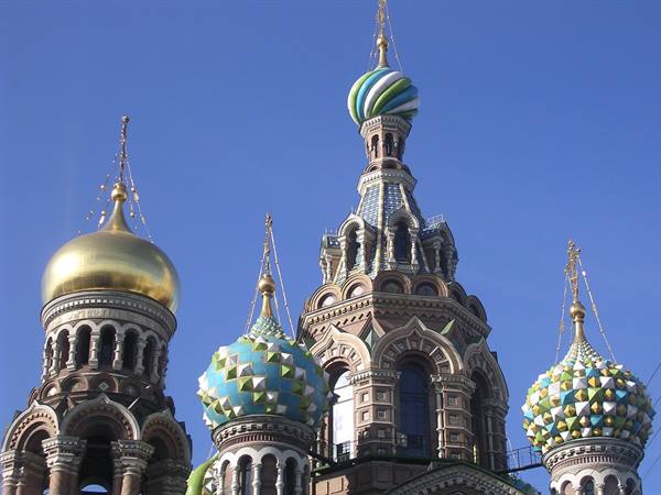 The colorful and golden domes of the Church of the Savior on Spilled Blood, Saint Petersburg