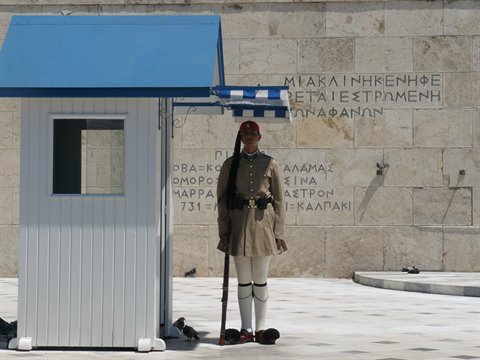 Evzone guard in ceremonial uniform at the Tomb of the Unknown Soldier, Athens