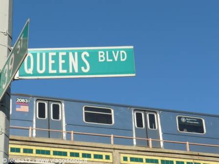 Green Queens Boulevard street sign beside an elevated subway train in New York