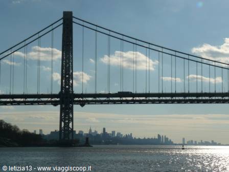 George Washington suspension bridge with Manhattan skyscrapers in the background