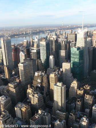Manhattan skyscrapers seen from the Empire State Building, river and Queens in background