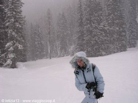 Skier in light blue jacket holding poles among snow-covered fir trees
