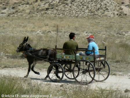 Two people on a wooden-wheeled cart pulled by a donkey on a dirt road