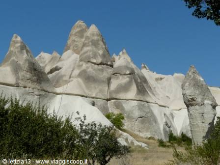 Volcanic rock fairy chimneys in Göreme, Cappadocia, under blue sky