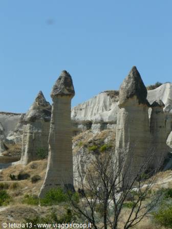 Fairy chimneys in Göreme, Cappadocia, mushroom-shaped volcanic rocks under blue sky