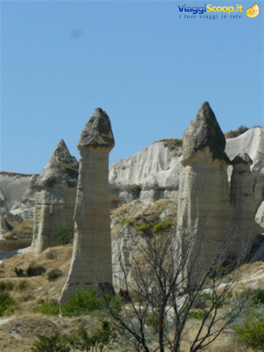 Fairy chimneys in Göreme, Cappadocia, mushroom-shaped volcanic rocks under blue sky