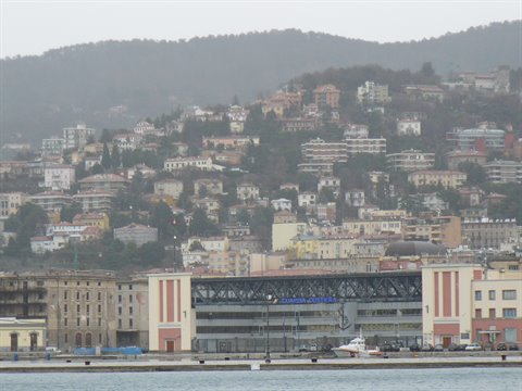 Trieste maritime station with a boat at the dock, hillside houses behind