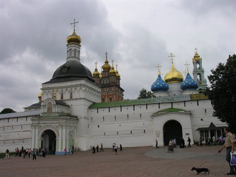 Trinity Lavra of St. Sergius, golden and blue domes under cloudy sky