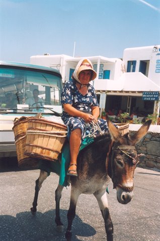 Woman in floral dress riding a donkey with wicker baskets, whitewashed Cycladic buildings behind