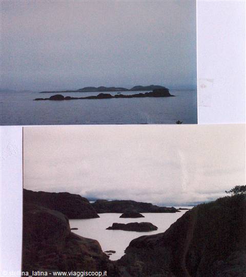 Dark rocks on grey sea, two photos under cloudy sky