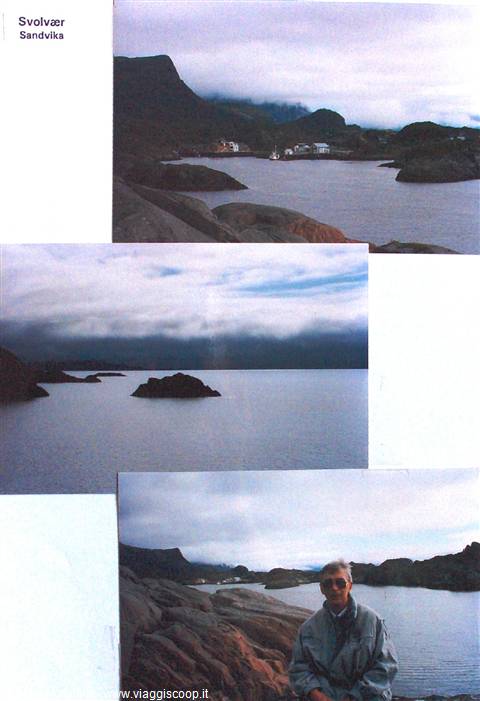 Svolvær, Sandvika: granite rocks by the fjord, boats and misty mountains