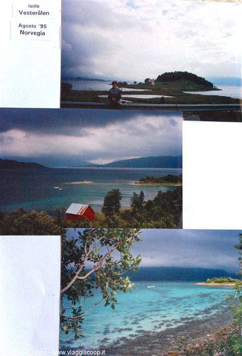 Vesterålen islands, August 1995: red house by the fjord, turquoise beach, cloudy sky
