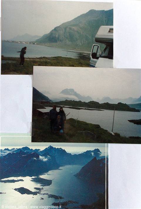 Tourists with camper van by Lofoten fjords, mountains and calm waters
