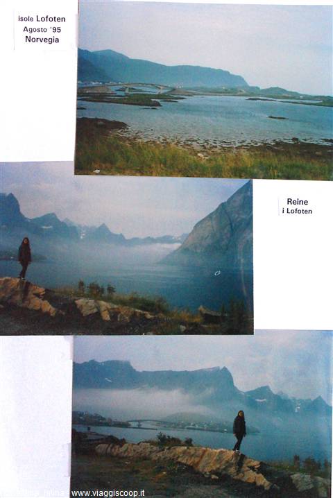 Photo collage: woman standing on rocks in front of Reine fjord, Lofoten islands