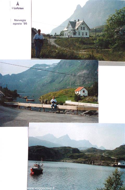 Three-photo collage of Å i Lofoten, Norway 1995: white houses, mountains and a fjord boat