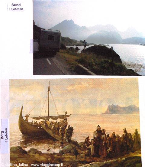 Camper van by the fjord at Sund, Lofoten, and Viking ship painting