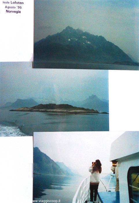 Lofoten Islands: misty mountains from the ferry, tourist photographing from the deck